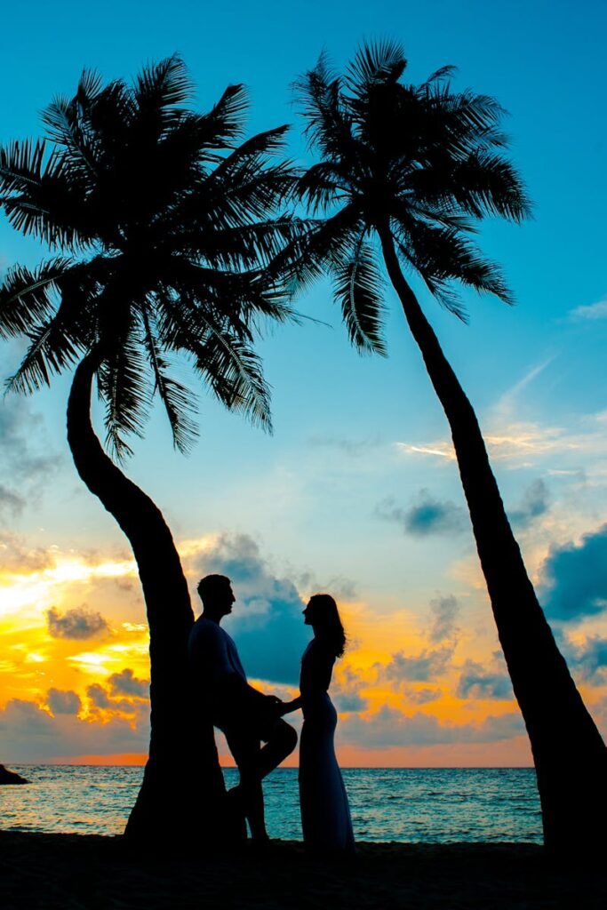Silhouette of a couple between palm trees on a tropical beach at sunset, depicting romance and tranquility.